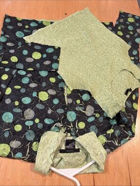 TANIA ~ Green Textured Tank & Black Polka-Print Blouse Set jacket top with cami